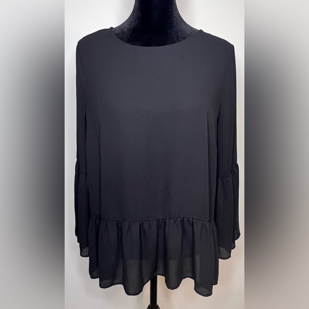 J Crew black sheer long bell sleeves flowy romantic goth shirt. Small EUC